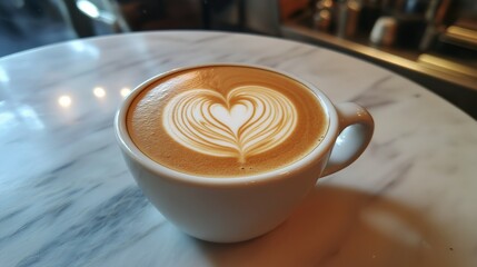 cup of artisanal cappuccino with a delicate latte art heart design, placed on a marble cafe