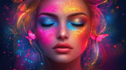 Obraz premium A cosmic fantasy portrait of a woman with nebula-like skin, glowing stardust, ethereal butterflies