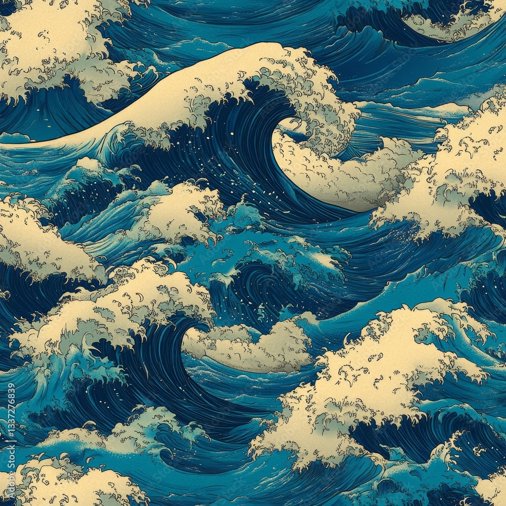 Poster a decorative design featuring an abstract wave pattern with clouds is displayed in blue and cream