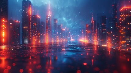 Obraz premium Futuristic Night Cityscape, Digital Art, Cyberpunk City with Neon Lights Reflections, Blur, 8K