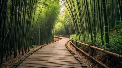 Fototapeta premium Rustic Wooden Pathway Through a Bamboo Forest - A winding wooden boardwalk leading deep into a dense bamboo forest. The tall green stalks stretch high into the sky, creating a natural tunnel