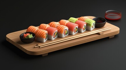 vibrant sushi platter featuring colorful rolls and sashimi, artfully arranged on a wooden board, with chopsticks and soy sauce on a minimalist dark background
