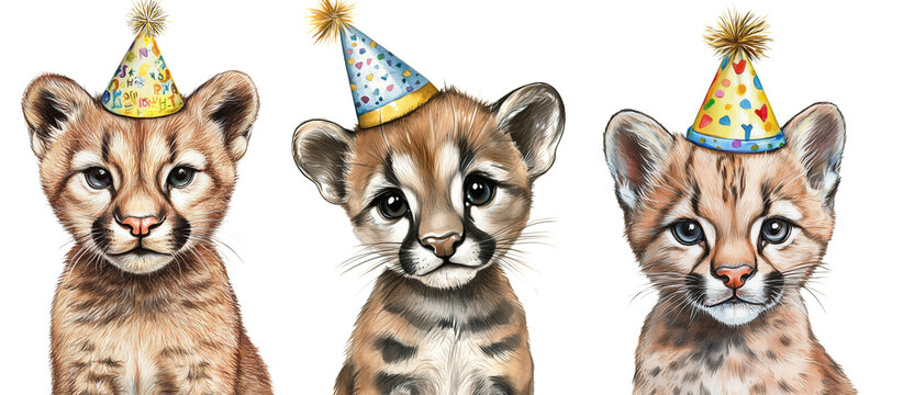 cute baby puma with birthday cap clipart drawing portrait isolated on transparent background