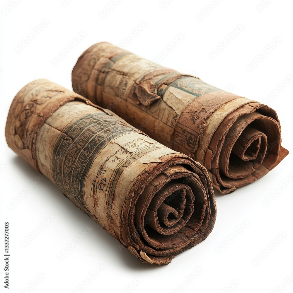 Poster a historic parchment scroll with a rustic feel and weathered appearance is slowly unraveling