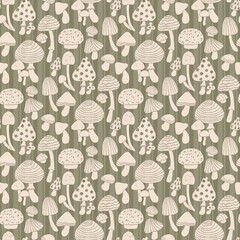 Seamless pattern with hand drawn stylised silhouettes of various mushrooms on olive stripes. Perfect for textile, fabric, wrapping, scrapbooking, home decor, backdrop, packaging, wallpaper, bedding
