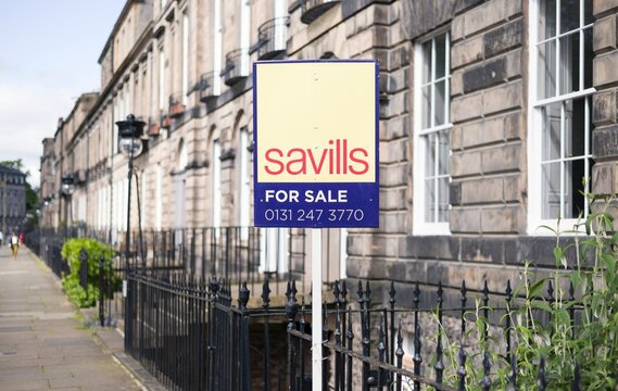 Savills for sale sign outside Georgian house, Edinburgh, UK