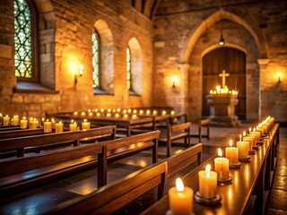 Obraz premium Serene Candlelit Chapel: Soft Glowing Prayer Candles, Bokeh Effect Stock Photo
