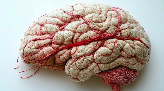 Human brain representation crafted from pastel wool with surgical symbolism