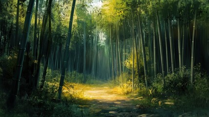 Obraz premium A sunlit path leads through a dense bamboo forest scene