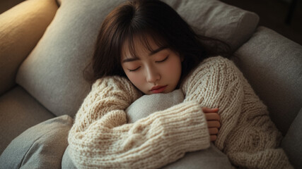 Curled Up in Solitude: Woman Wrapped in a Sweater on a Sofa