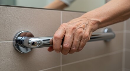 Bathroom Safety Grab Bar Support - Close-up of a hand gripping a chrome grab bar installed on a tiled bathroom wall, ensuring stability and safety
