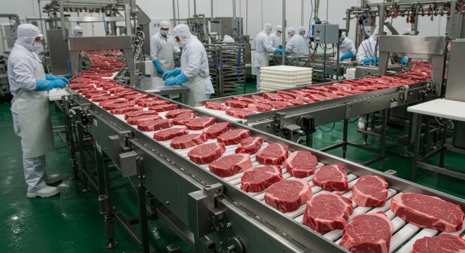 Beef Processing Plant Conveyor Belt - Rows of fresh beef steaks move along a stainless steel conveyor belt in a modern meat processing facility