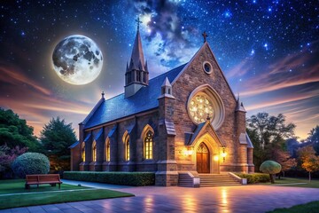 Fototapeta premium Serene Night: Campus Chapel Illuminated