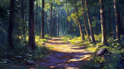 Obraz premium A sunlit pathway winds through a dense and lush forest
