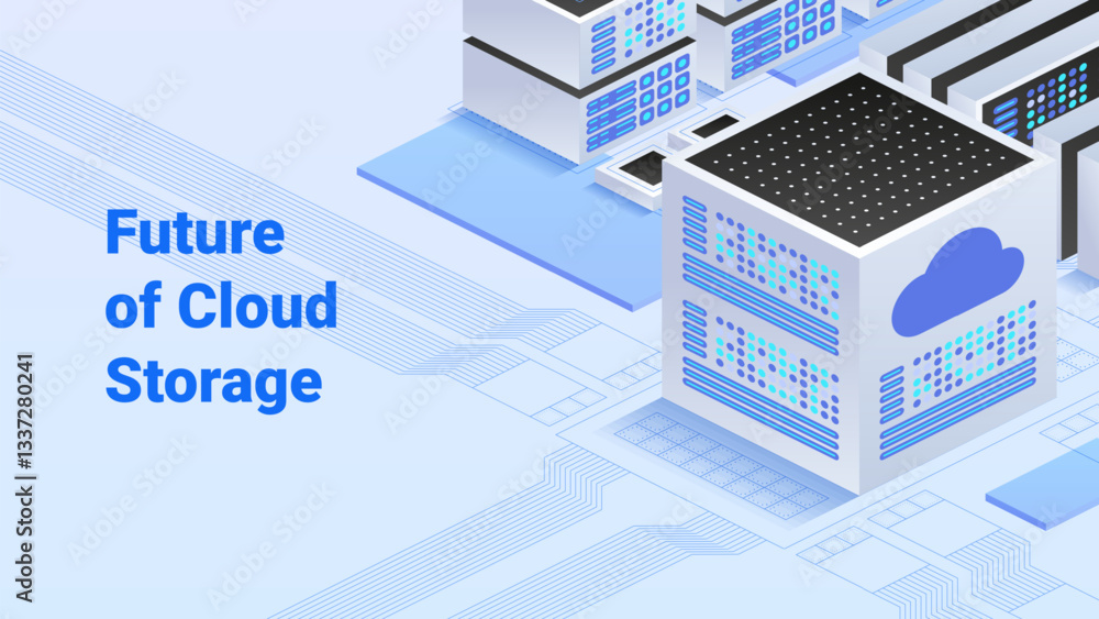 Poster future of cloud storage with futuristic data center, multiple server racks, and cloud icons. advance