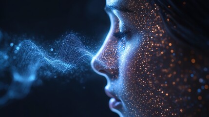 Floating sound waves depicted above a close-up of an ear showing auditory perception