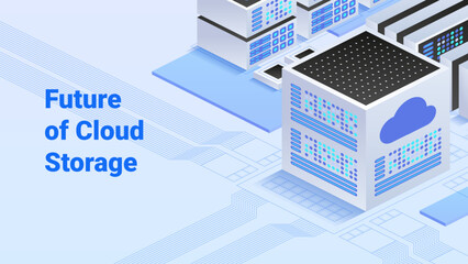 Future of cloud storage with futuristic data center, multiple server racks, and cloud icons. Advanced technology and data management with interconnected lines. Isometric vector illustration