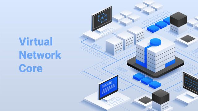Isometric vector illustration of a Virtual Network Core Digital infrastructure with cloud-based networking software-defined architecture and high-performance data processing Virtualized 5G-ready core
