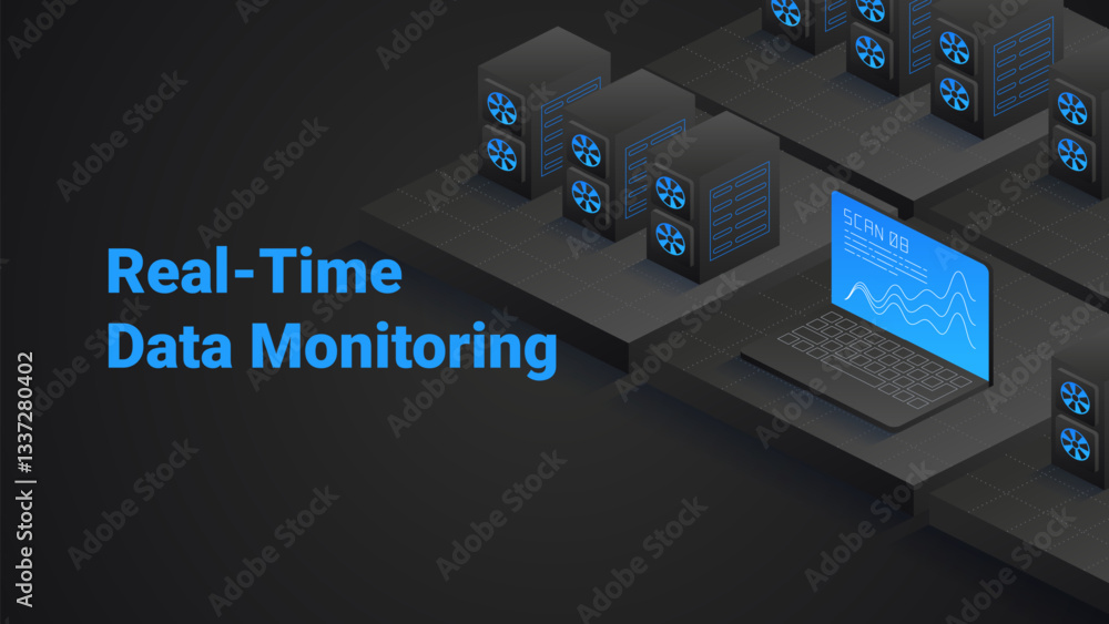 Poster real-time data monitoring. high-tech data center. instant data tracking. continuous performance anal