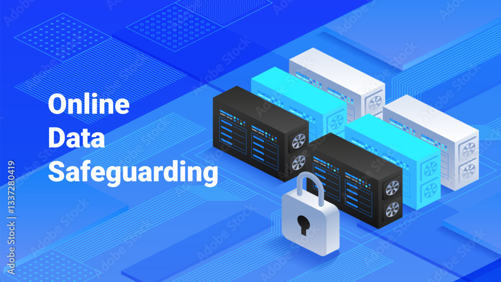 Poster online data safeguarding with servers and padlock. protect online data. cybersecurity and data prote