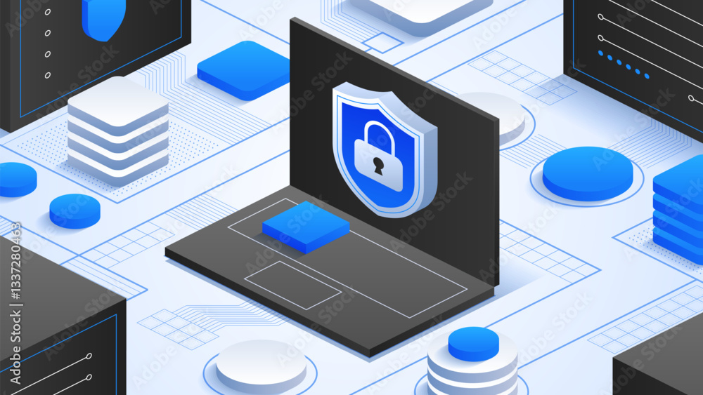 Poster online information cybersecurity protection. concept illustration of online information protection w