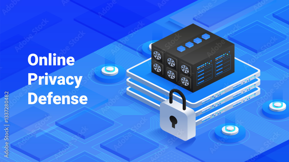Poster secure your online privacy with advanced defense systems. data protection with servers and a padlock