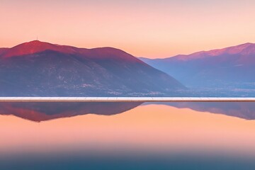 Obraz premium Serene sunset reflecting on still water, mountain backdrop