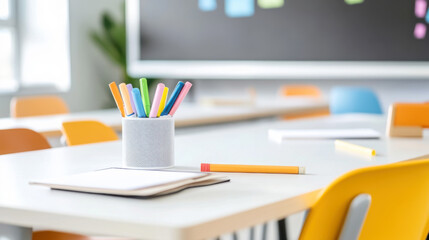 Modern interactive classroom with digital tools and bright seating arrangement