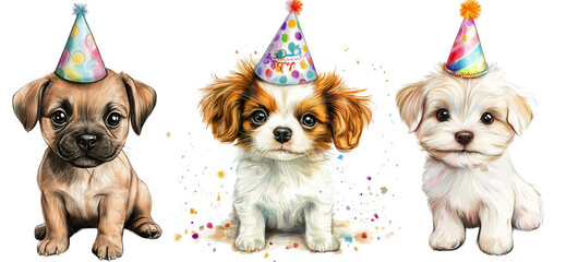 drawing portrait of cute baby puppy canine dog with birthday cap isolated on transparent background