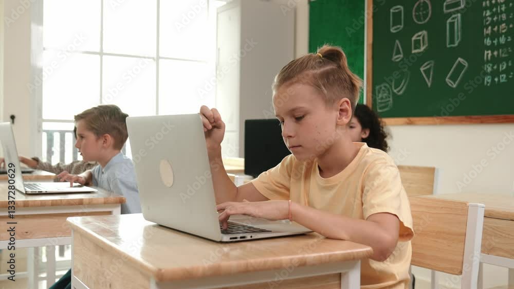 Poster smart caucasian boy using laptop to generated ai by coding engineering prompt. diverse student learn