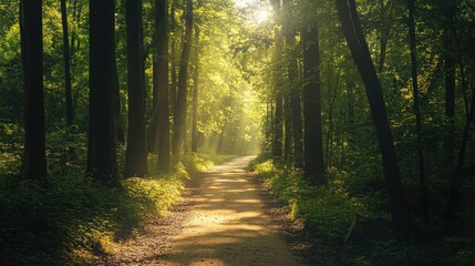 Fototapeta premium A Sunlit Forest Path Leading Through the Woods