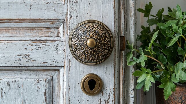 Vintage brass door knob with floral engravings on distressed white wooden door