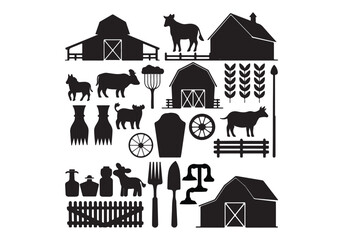 Farm Silhouette Graphics: Barns, Animals Tools Vector Set Rural Life Icons © zagrapic540