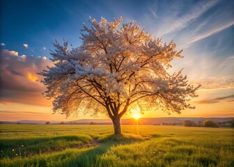 Serene Sunset: Solitary Blooming Cherry Tree in Field