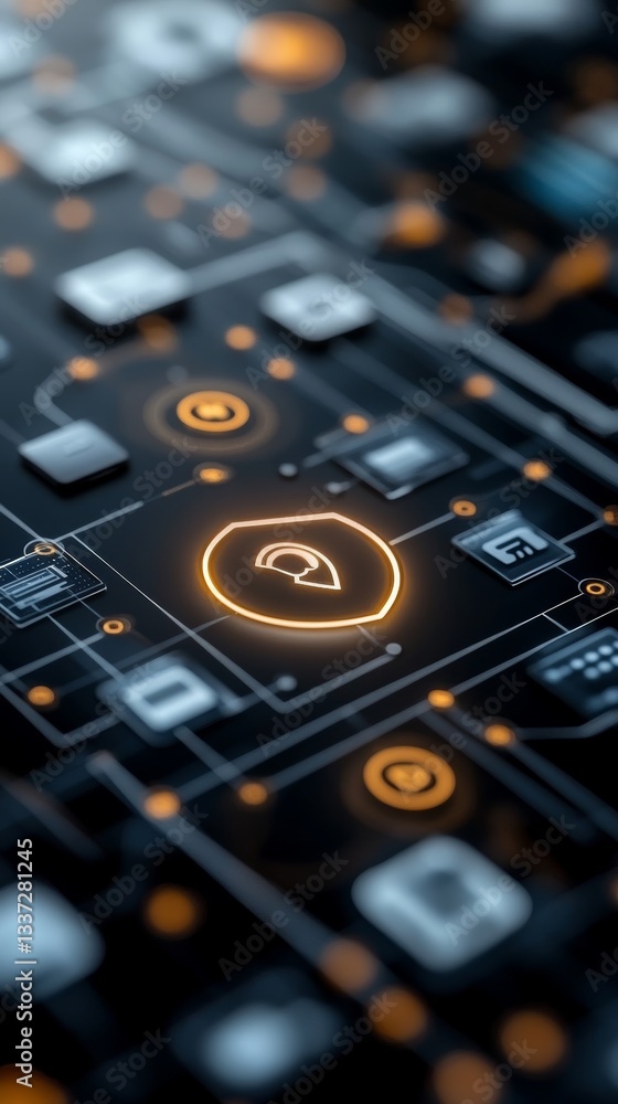 Poster exploring the interconnected network of iot devices showcasing a central glowing shield symbol for p