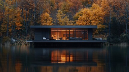 Obraz premium A modern house sits beside a lake surrounded by forests