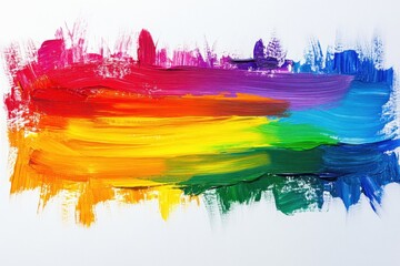 Colorful paint strokes in a rainbow pattern are artistically arranged on a flat surface, creating a visually striking display of creativity