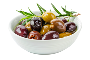 Appetizing marinated olives platter isolated on transparent background