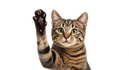 Fototapeta premium Cat Raising Paw Hello - Adorable tabby cat raises its paw in greeting, set against a clean white background. Perfect for pet-related projects