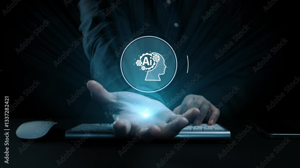 Poster human interact with ai artificial intelligence brain processor in concept of ai artificial intellige