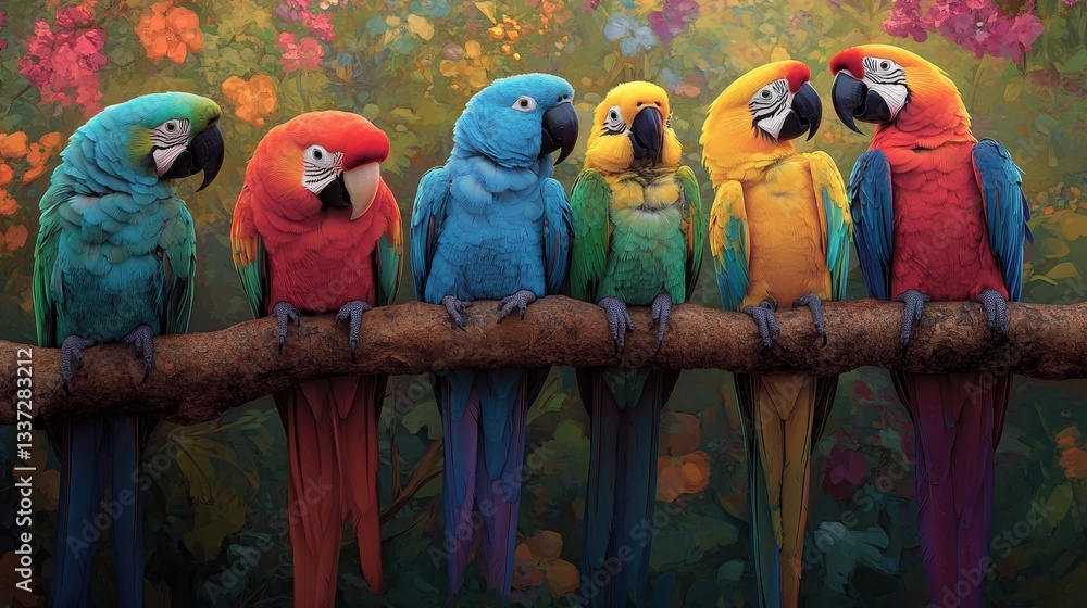 Poster a garden in full bloom, complete with a decorative parrot and an array of colorful birds