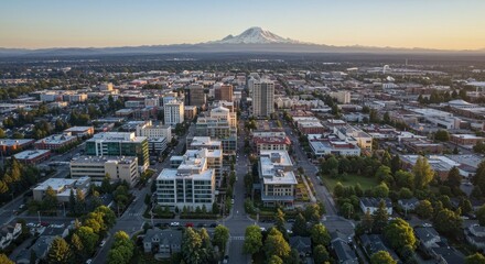 Obraz premium Cityscape Panorama with Mountain View - Aerial view of a city at sunrise, featuring modern buildings and a majestic mountain in the background