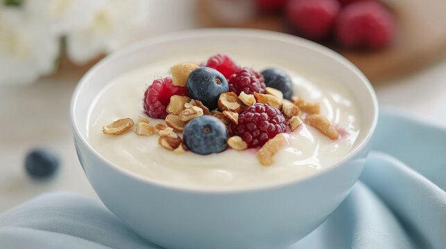 Bowl of Icelandic skyr enhanced with fresh berries, nuts, and honey in a Nordic table setting featuring cool, natural tones