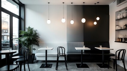 Fototapeta premium Aesthetic gradient white to black themed cafe interior concept