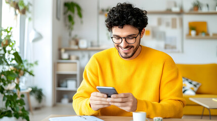 Happy young man smiles while using smartphone at home