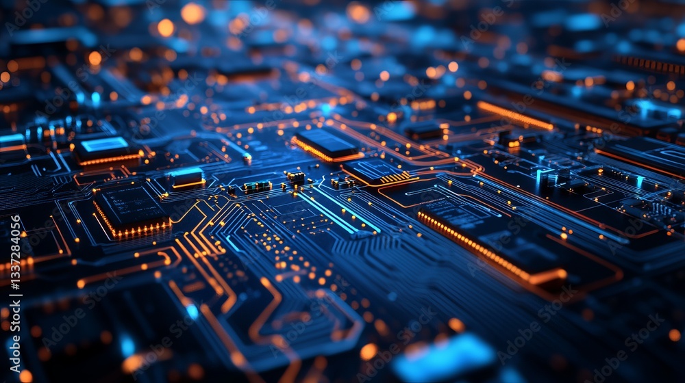 Poster abstract tech background made of printed circuit board – futuristic digital design with electronic c