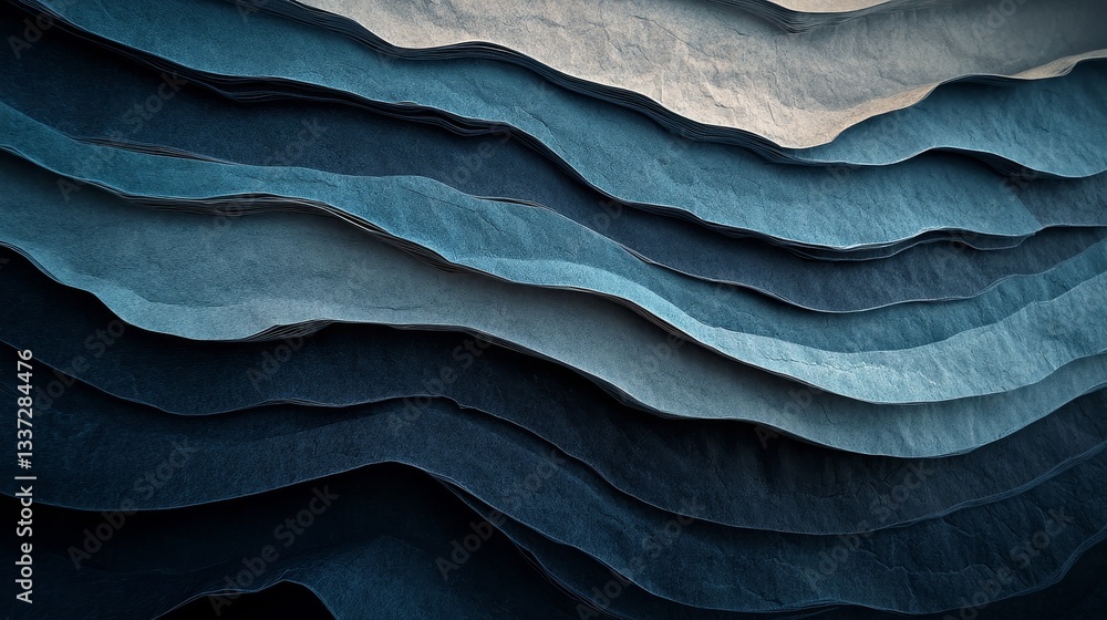 Poster an elaborate cut-paper design serves as a backdrop, boasting wavy layers that generate a textured ab