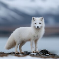 Arctic fox standing, snowy mountains background, wildlife, nature poster