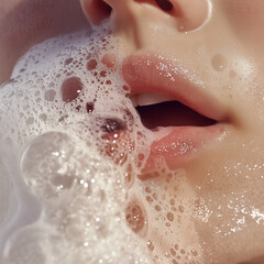 close up of a young woman face with  foam