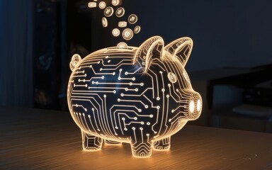 Digital Savings: A unique, glowing piggy bank overlaid with a circuit board design, symbolic of the intersection of finance and technology, with digital coins cascading into its slot. 